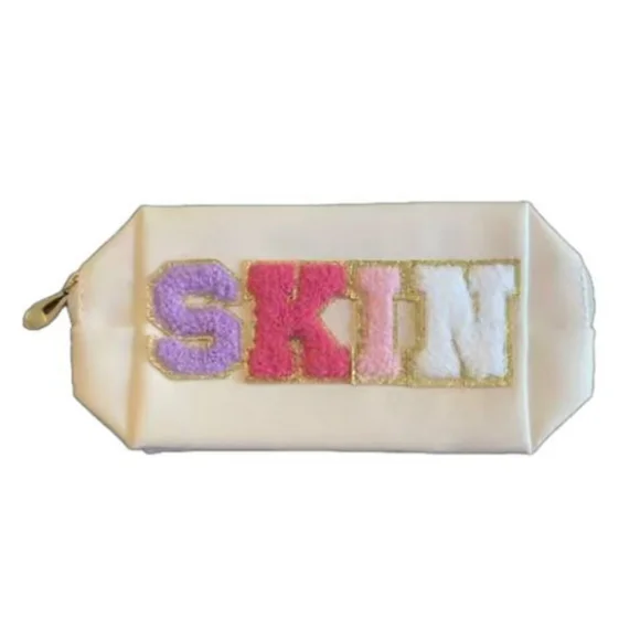 Cream "SKIN" Cosmetic Makeup Bag, Patch Chenille Letter. Multi-colored. - Picture 2 of 5
